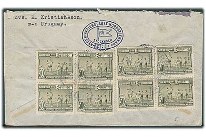 Blandingsfrankeret luftpostbrev fra Ecuador 1946 til Göteborg, Sverige. Fra sømand ombord på M/S Uruguay.