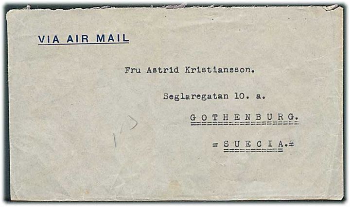 Blandingsfrankeret luftpostbrev fra Ecuador 1946 til Göteborg, Sverige. Fra sømand ombord på M/S Uruguay.