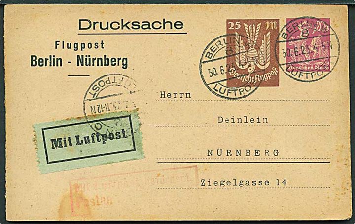 20+25 mk. privat helsags luftposttryksag stemplet Berlin Luftpost d. 30.6.1923 til Nürnberg. Slidt.