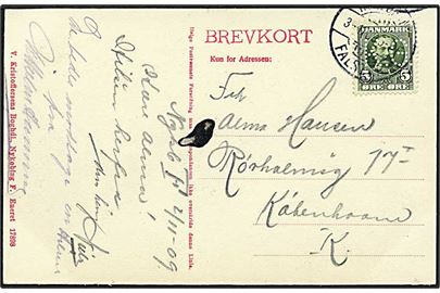 5 øre Fr. VIII på postkort fra Nykøbing F. d. 3.11.1909 til København. Mærket med perfin K36.