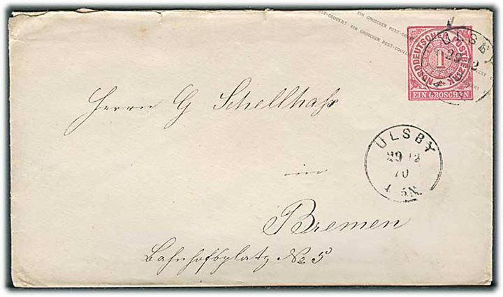 Norddeutscher Postbezirk 1 gr. helsagskuvert annulleret med 1-ringstempel Ulsby d. 29.12.1870 til Bremen.