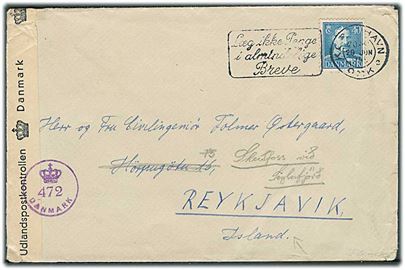 40 øre Chr. X single på brev fra København d. 29.6.1945 til Reykjavik, Island - eftersendt til Siglufjörd. Åbnet af dansk efterkrigscensur med stempel (krone)/472/Danmark.