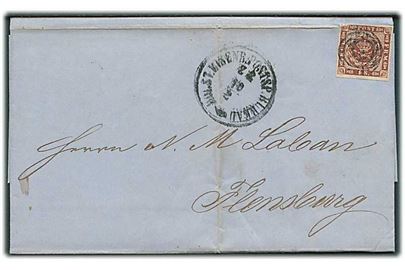4 sk. 1858 udg. på brevomslag fra Hamburg annulleret med svagt nr.stemepel 169 og sidestemplet antiqua Holst. Eisenb. Postsp. Bureau Z.2 d. 10.2.1862 til Flensburg. 