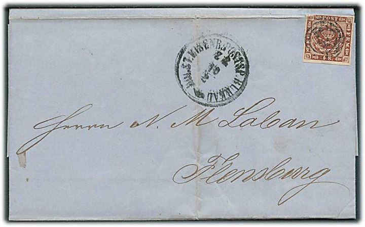 4 sk. 1858 udg. på brevomslag fra Hamburg annulleret med svagt nr.stemepel 169 og sidestemplet antiqua Holst. Eisenb. Postsp. Bureau Z.2 d. 10.2.1862 til Flensburg. 