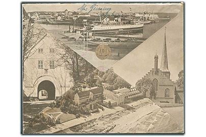10 øre Chr. X i fireblok på illustreret turistkuvert fra Nyborg d. 25.8.1942 til København. På bagsiden bl.a. billede fra Færgehavnen med færgen Heimdal.