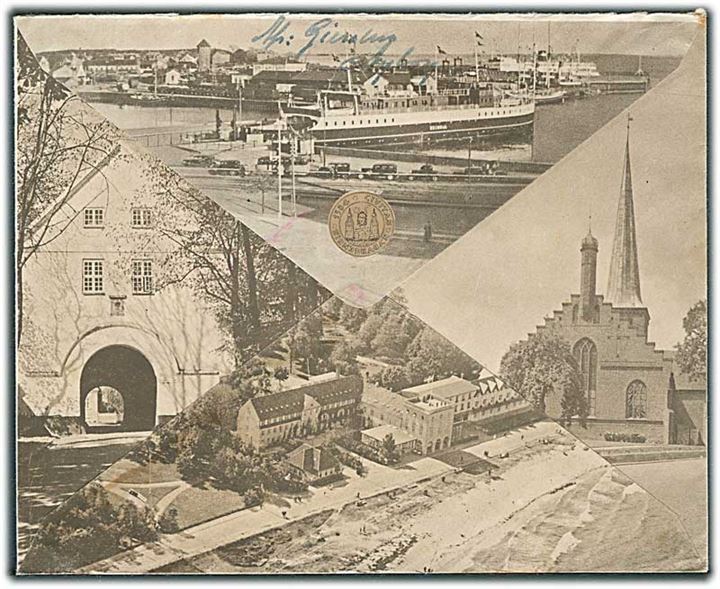 10 øre Chr. X i fireblok på illustreret turistkuvert fra Nyborg d. 25.8.1942 til København. På bagsiden bl.a. billede fra Færgehavnen med færgen Heimdal.