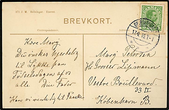 5 øre Chr. X på brevkort (Ejendom i Dragstrup) annulleret med bureaustempel Gribskovbanen T.1 d. 17.4.1916 til København.