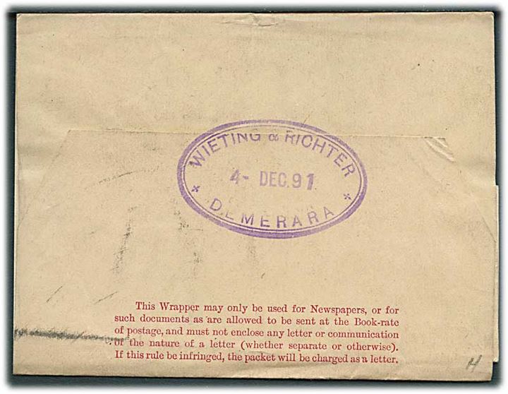 2 cents helsagskorsbånd fra Demerara British Guiana d. 4.12.1891 til London, England. Påskrevet: Per French M.Stmr.