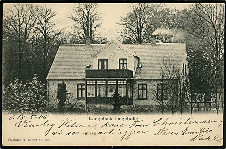 5 øre Chr. IX på brevkort (Langebæk Lægebolig) annulleret med stjernestempel LANGEBÆK og sidestemplet bureau Masnedsund - Kallehave T.5 d. 18.5.1906 til København.