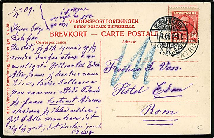 Købh., Kastellet, Hovedvagten. A. Vincent no. 354. Frankeret med 10 øre Fr. VIII fra Kjøbenhavn d. 1.4.1909 til Rom, Italien.