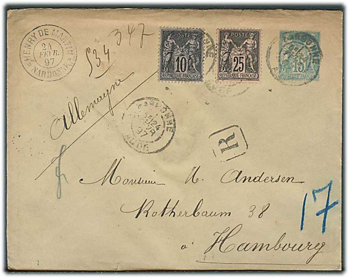 15 c. helsagskuvert opfrankeret med 10 c. og 25 c. og sendt anbefalet fra Narbonne d. 24.2.1897 til Hamburg, Tyskland.