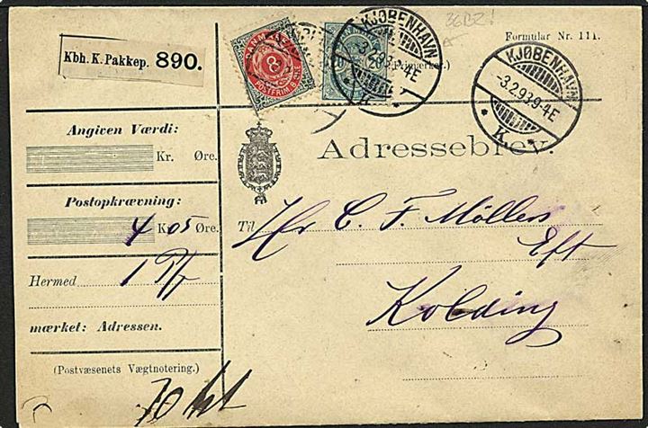 8 øre tofarvet og 20 øre blå våbentype på adressebrev fra København d. 3.2.1893 til Kolding.