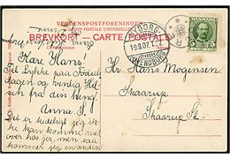 5 øre Fr. VIII på brevkort annulleret med stjernestempel OURE og sidestemplet bureau Nyborg - Svendborg T.22 d. 19.8.1907 til Skaarup St.