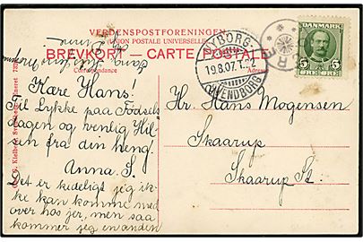 5 øre Fr. VIII på brevkort annulleret med stjernestempel OURE og sidestemplet bureau Nyborg - Svendborg T.22 d. 19.8.1907 til Skaarup St.