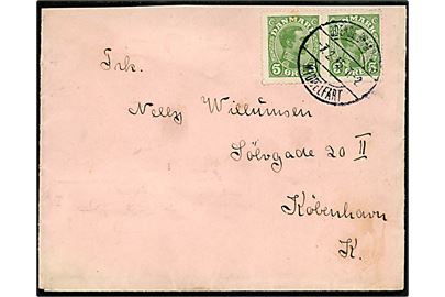 5 øre Chr. X i parstykke på brev fra Odense annulleret med bureaustempel Odense - Brænderup - Middelfart T.2 d. 7.2.1916 til København.