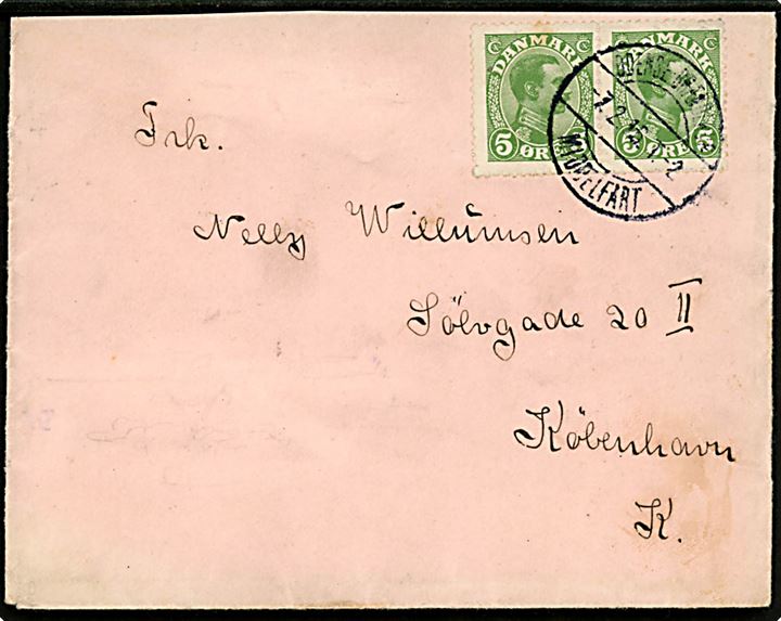 5 øre Chr. X i parstykke på brev fra Odense annulleret med bureaustempel Odense - Brænderup - Middelfart T.2 d. 7.2.1916 til København.