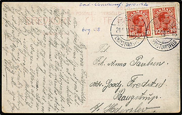 10 øre Chr. X i parstykke på brevkort (Grænsen ved Hejlsminde) annulleret med bureaustempel Haderslev - Christiansfeld T.05 d. 24.9.1920 til Raugstrup pr. Haderslev. Nusset.