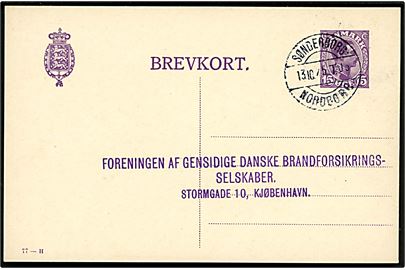15 øre Chr. X helsagsbrevkort (fabr. 77-H) fra Augustenborg annulleret med bureaustempel Sønderborg - Nordborg T.05 d. 13.10.1925 til København.