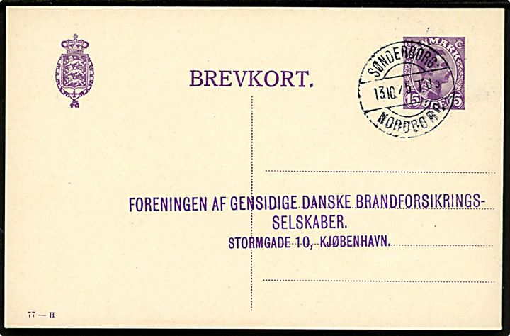 15 øre Chr. X helsagsbrevkort (fabr. 77-H) fra Augustenborg annulleret med bureaustempel Sønderborg - Nordborg T.05 d. 13.10.1925 til København.