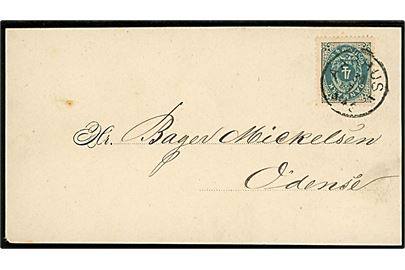 4 øre Tofarvet på tryksagskort fra firma Julius Torp annulleret med lapidar Aarhus I d. 30.7.1887 til Odense.