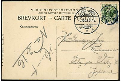 5 øre Fr. VIII på brevkort (Soelberg, gadeparti. H. A. Ebbesen no. 876) annulleret med stjernestempel VIRRING og sidestemplet Skanderborg d. 6.10.1909 til Viby J. 