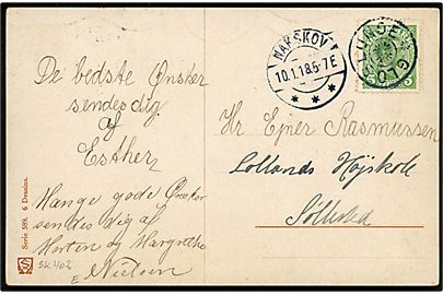 5 øre Chr. X på brevkort annulleret med stjernestempel GLOSLUNDE og sidestemplet Nakskov d. 10.1.1918 til Søllested.