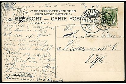 5 øre Fr. VIII på brevkort dateret Lerager mark annulleret med stjernestempel RIIS og sidestemplet Jellinge d. 13.8.1908 til Vejle.