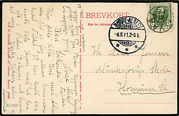 5 øre Fr. VIII på brevkort (Parti fra Vester Kippinge) annulleret med stjernestempel VAALSE og sidestemplet Nørre-Alslev d. 8.5.1911 til Hornum St.