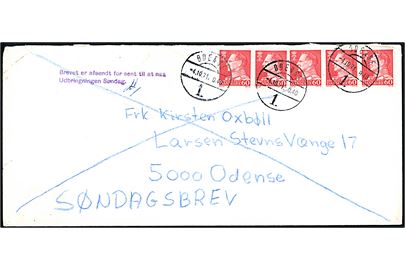 60 øre Fr. IX (5) på 3 kr. frankeret lokalt søndagsbrev annulleret Odense 1 d. 4.10.1971 (= mandag). Violet stempel Brevet er afsendt for sent til at naa Udbringningen Søndag.