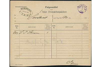 Statsbanedriften Følgeseddel over Frimærkepakker - formular Nr. A447 med ovalt jernbanestempel HORSENS * J.F.J. * d. 20.9.1898 til Sandved. Ank.stemplet med violet lapidar VI stempel Sandved d. 21.9.1898.