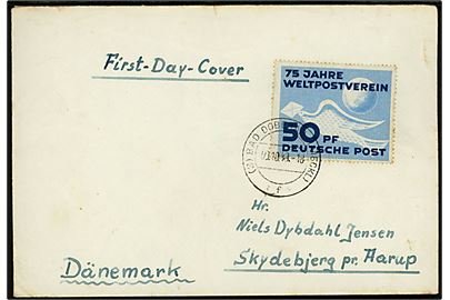 50 pfg. UPU 75 år single på uofficiel FDC fra Bad Doberan d. 9.10.1949 til Skydebjerg pr. Aarup, Danmark. Mich.: €300 