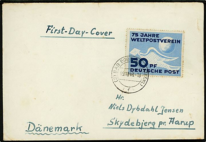 50 pfg. UPU 75 år single på uofficiel FDC fra Bad Doberan d. 9.10.1949 til Skydebjerg pr. Aarup, Danmark. Mich.: €300 