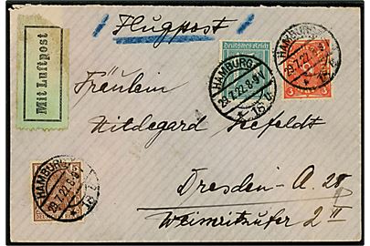 5 pfg. Germania, 15 pfg. Ciffer og 3 mk. Posthorn på 3,20 mk. frankeret Infla luftpost brev fra Hamburg d. 29.7.1922 til Dresden. 