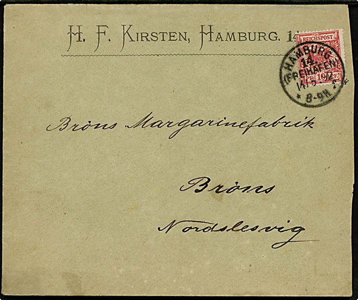 10 pfg. Adler på brev stemplet Hamburg 14. (Freihafen) d. 14.5.1892 til Brøns, Nordslesvig. På bagsiden ank.stemplet med enringsstempel Bröns d. 15.5.1892.