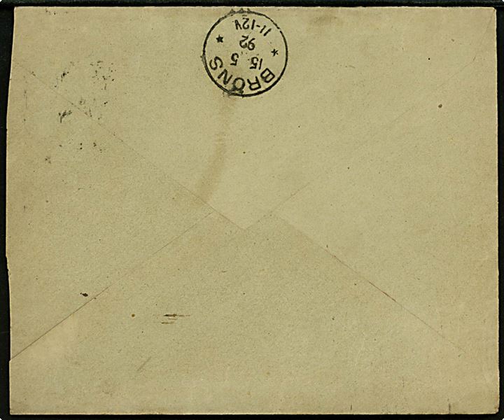 10 pfg. Adler på brev stemplet Hamburg 14. (Freihafen) d. 14.5.1892 til Brøns, Nordslesvig. På bagsiden ank.stemplet med enringsstempel Bröns d. 15.5.1892.