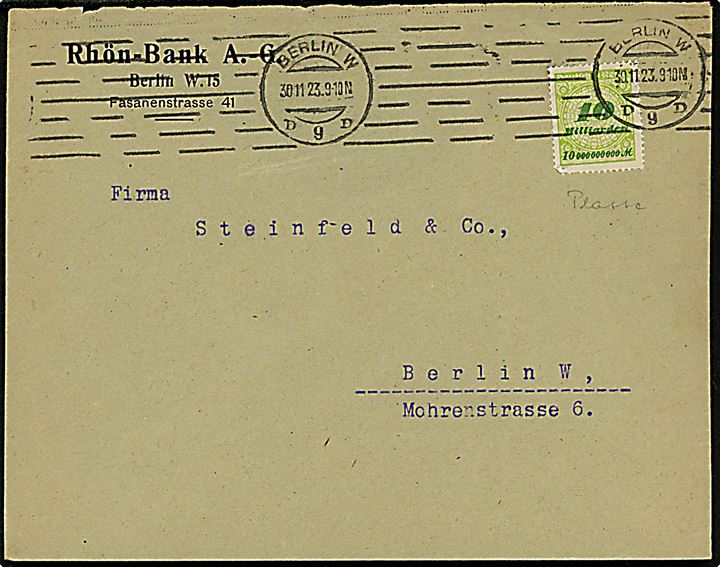 10 mia. mk. single på 4-fach frankeret infla lokalbrev i Berlin d. 30.11.1923. Korrekt porto 40.000.000.000 mk. (26.11.-30.11.1923). Bagklap mgl.