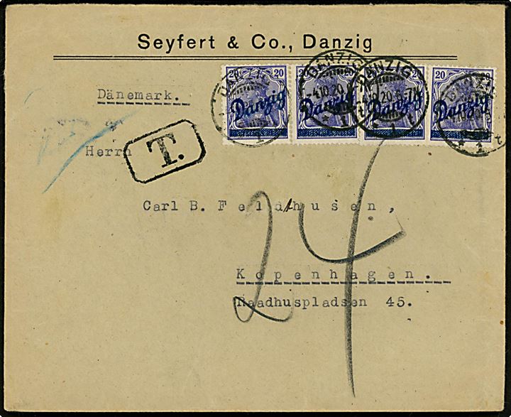 20 pfg. Danzig provisorium (4) på underfrankeret 2. vægtkl. brev fra Danzig d. 4.10.1920 til København, Danmark. Udtakseret i 24 øre dansk porto.