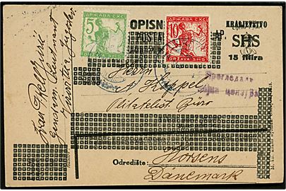 15 f. provisorisk helsagsbrevkort opfrankeret med 5 f. og 10 f. Kædespringer fra Virovitica d. 14.10.1919 til Horsens, Danmark. Violet jugoslavisk censur.