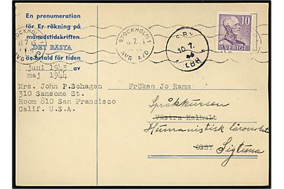 10 öre Gustaf med perfin Å&Å (= Åhlén & Åkerlunds Förlags AB) på brevkort (Det Bästa kommer med hjärtliga hälsningar från Amerika) annulleret Stockholm d. 8.7.1943 til Osby - eftersendt til Sigtuna. 