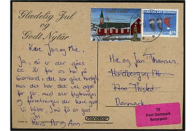 4,75 kr. Julefrimærke og Julemærke 1998 på brevkort fra Godthåb d. 8.12.1998 til Thisted, Danmark. Returneret til Returpostkontoret da modtager er flyttet.