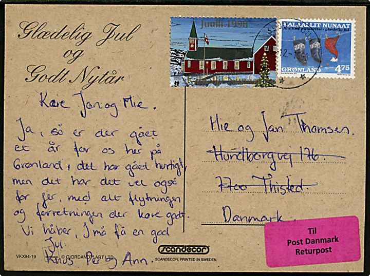 4,75 kr. Julefrimærke og Julemærke 1998 på brevkort fra Godthåb d. 8.12.1998 til Thisted, Danmark. Returneret til Returpostkontoret da modtager er flyttet.