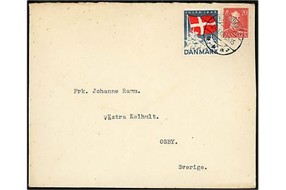 20 øre Chr. X og Julemærke 1945 på brev fra professor Vilhelm Grønbech i Helsingør d. 2.1.1946 til Västra Kalhult pr. Osby, Sverige.
