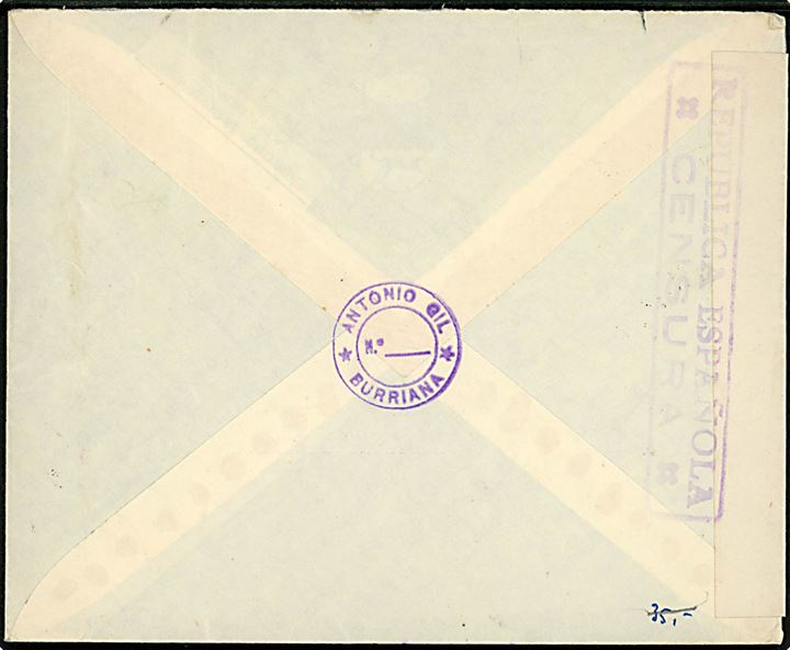 50 cts. på brev fra Burriana med svagt stempel til Amsterdam, Holland. Åbnet af spansk censur.