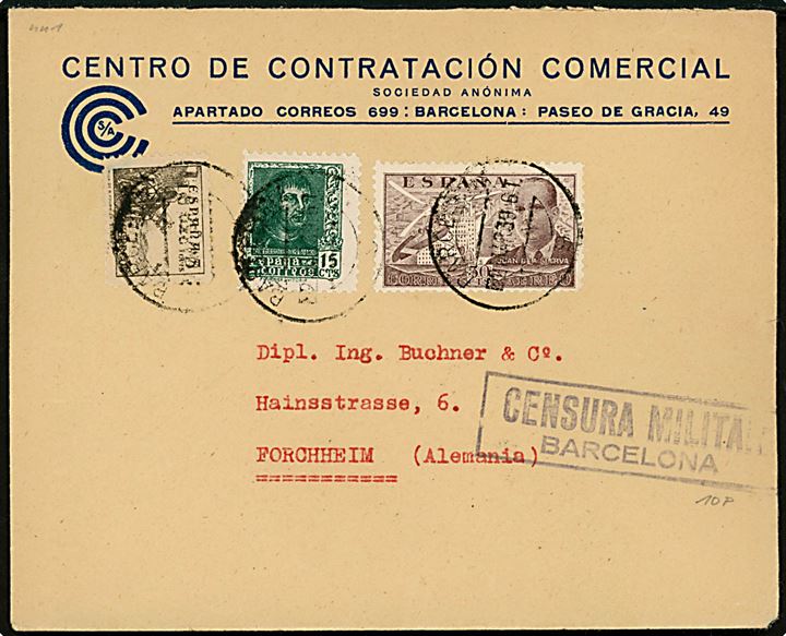 5 cts. Rytter, 15 cts. Fernando og 50 cts. Luftpost på brev fra Barcelona d. 22.3.1939 til Forchheim, Tyskland. Lokal spansk censur fr Barcelona.