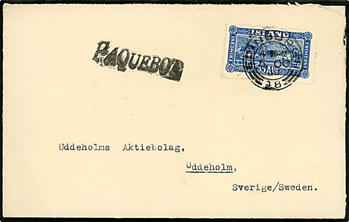 35 aur Landskab på skibsbrev annulleret med britisk stempel i Edinburgh d. 5.10.1930 og sidestemplet Paquebot til Uddeholm, Sverige.