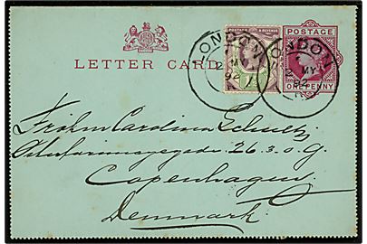 1d Victoria helsags korrespondancekort opfrankeret med 1½d Victoria fra London d. 2.5.1892 til København, Danmark.