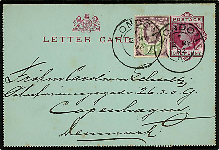 1d Victoria helsags korrespondancekort opfrankeret med 1½d Victoria fra London d. 2.5.1892 til København, Danmark.
