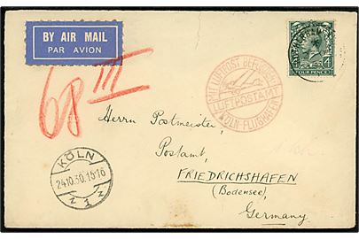 4d George V single på luftpostbrev fra Rotherham Yorks. d. 23.10.1930 via Köln til Friedrichshafen, Tyskland. Rødt luftpost stempel Mit Luftpost befördret Luftpostamt Köln-Flughafen. Bagklap mgl.