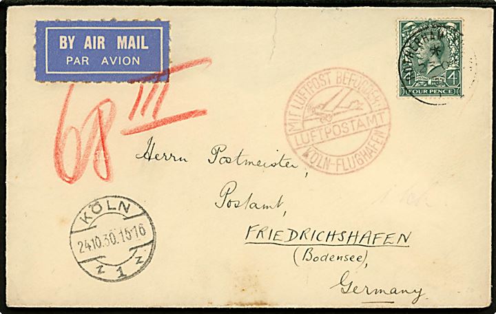 4d George V single på luftpostbrev fra Rotherham Yorks. d. 23.10.1930 via Köln til Friedrichshafen, Tyskland. Rødt luftpost stempel Mit Luftpost befördret Luftpostamt Köln-Flughafen. Bagklap mgl.