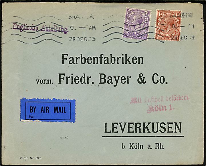 1½d og 3d George V på luftpostbrev fra Bradford d. 28.12.1923 via Köln d. 29.12.1923 til Leverkusen, Tyskland. Rødt luftpost stempel Mit Luftpost befördert Köln 1. 